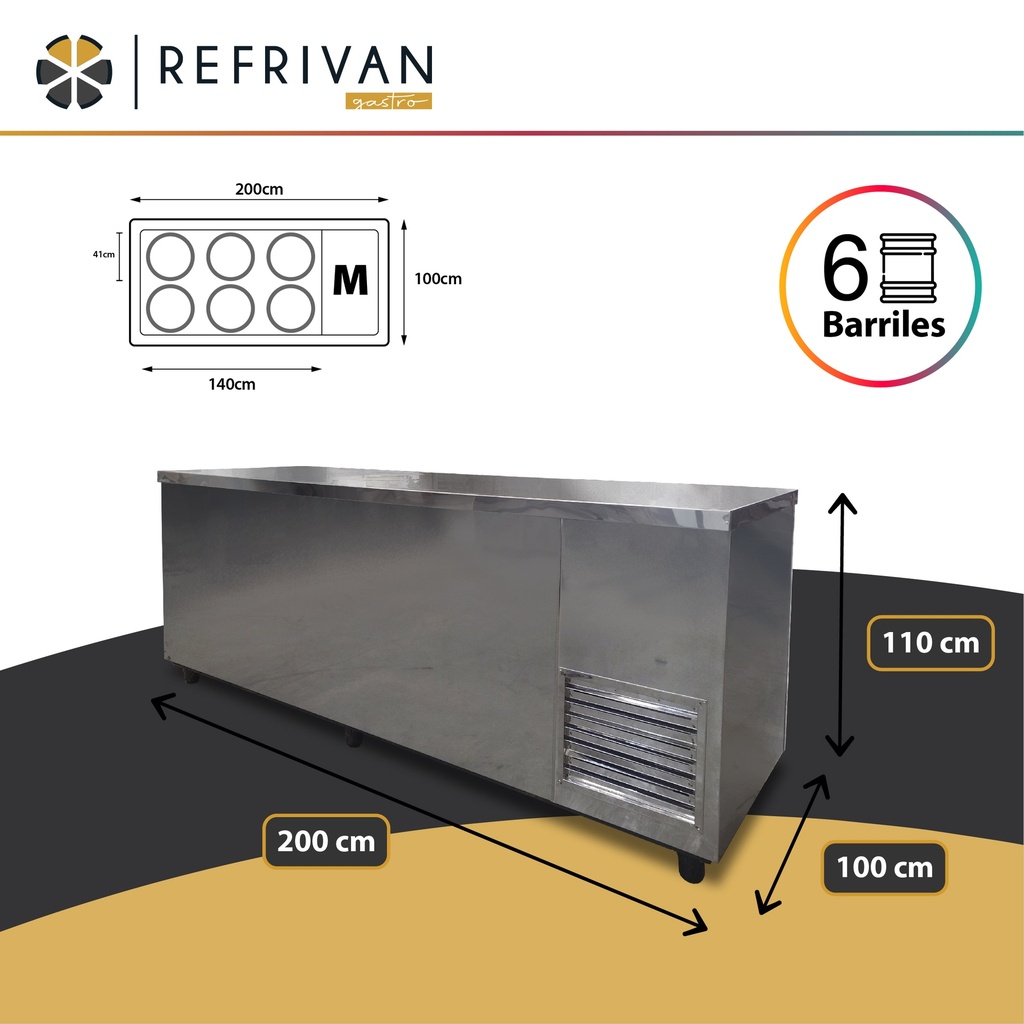 HELADERA MOSTRADOR CIEGO CERVEZA 6 BARRILES CERVEZA 2.00MX1MX1.10M C/COMBISTATO - ACERO INOXIDABLE - (2 PUERTAS+CUBRE) (1/2HP)