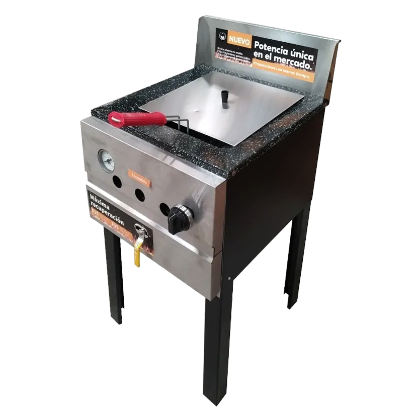 FREIDORA POTENCIADA F15 (15L) - 1 CANASTO - VALVULA DE SEGURIDAD - VALVULA DE ALTA RECUPERACION - EXTERIOR ACERO - QUEMADORES INDIVIDUALES