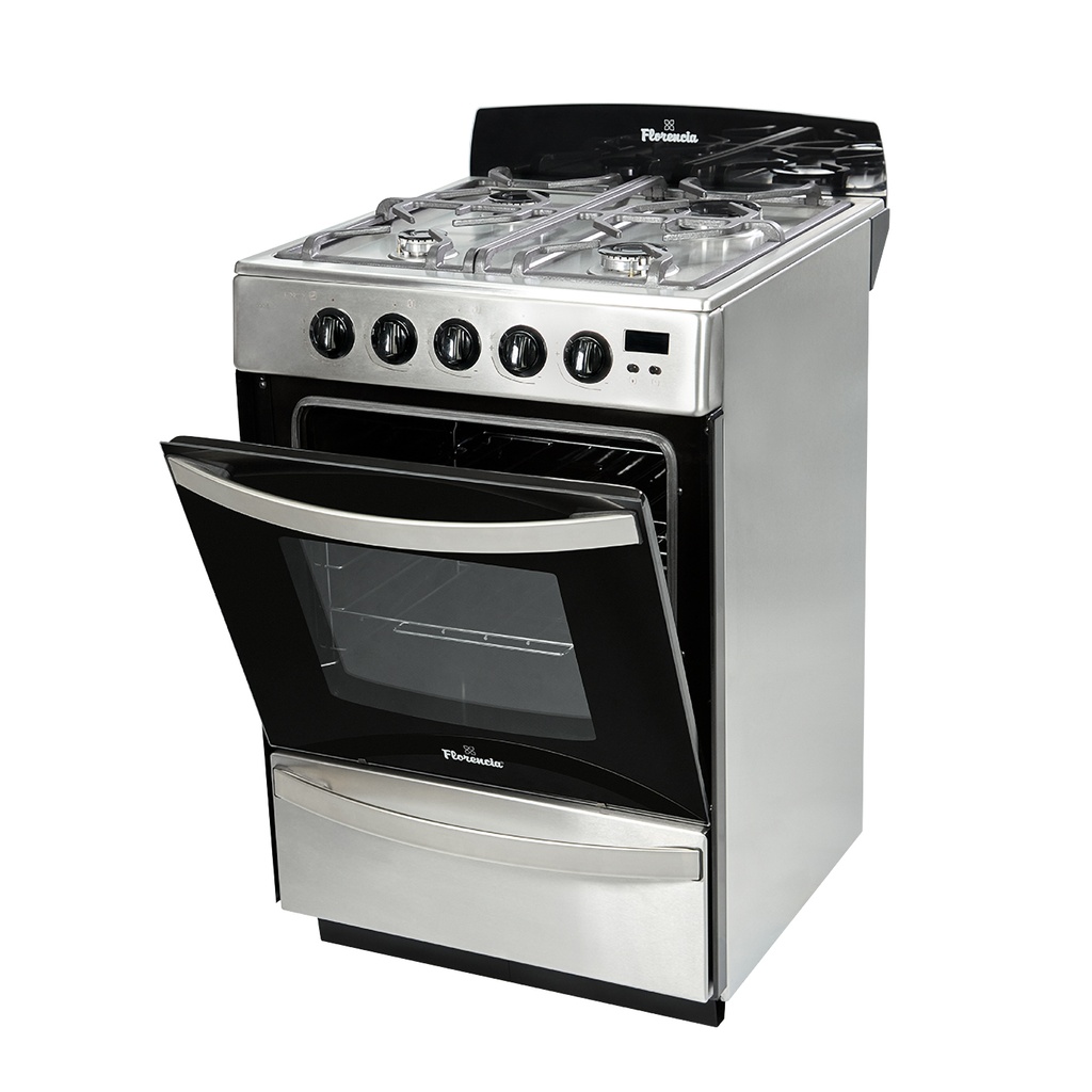 COCINA A GAS 5558 ACERO INOX  56CM VAL/SEG ENCENDIDO ELECTRICO Y LUZ HORNALLAS Y HORNO EASY CLEAN CAJON PARRILLA REBATIBLE