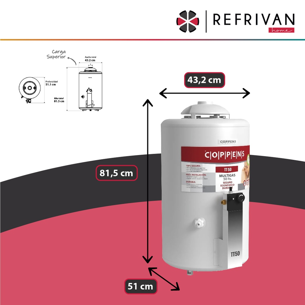 TERMOTANQUE MULTIGAS 50LTS  REC.SIMULTANEA