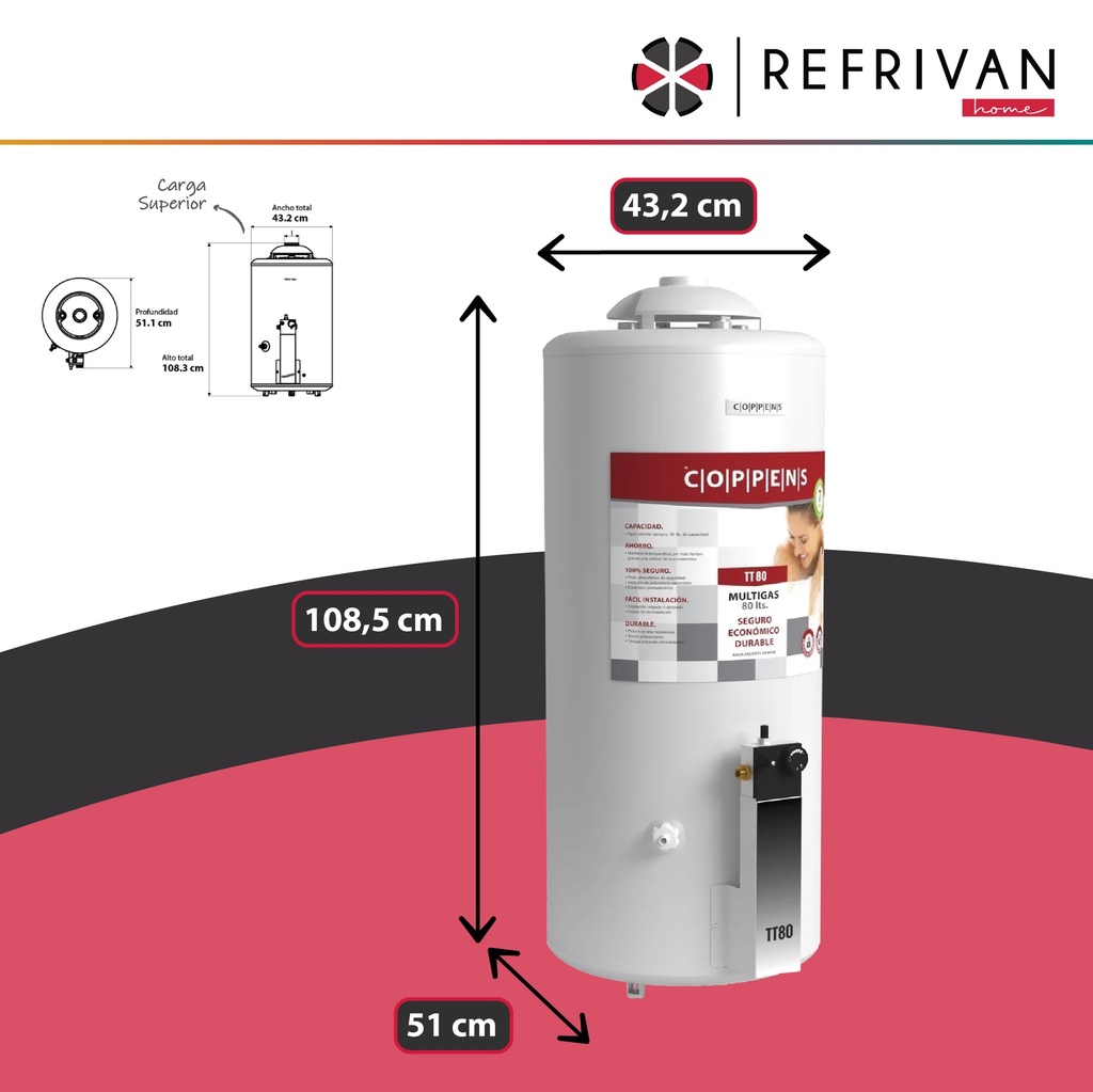 TERMOTANQUE MULTIGAS 80LTS REC.SIMULTANEA