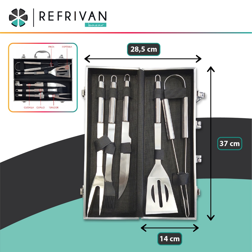 SET DE PARRILLA EN CAJA DE ALUMINIO 5 PIEZAS COLOR