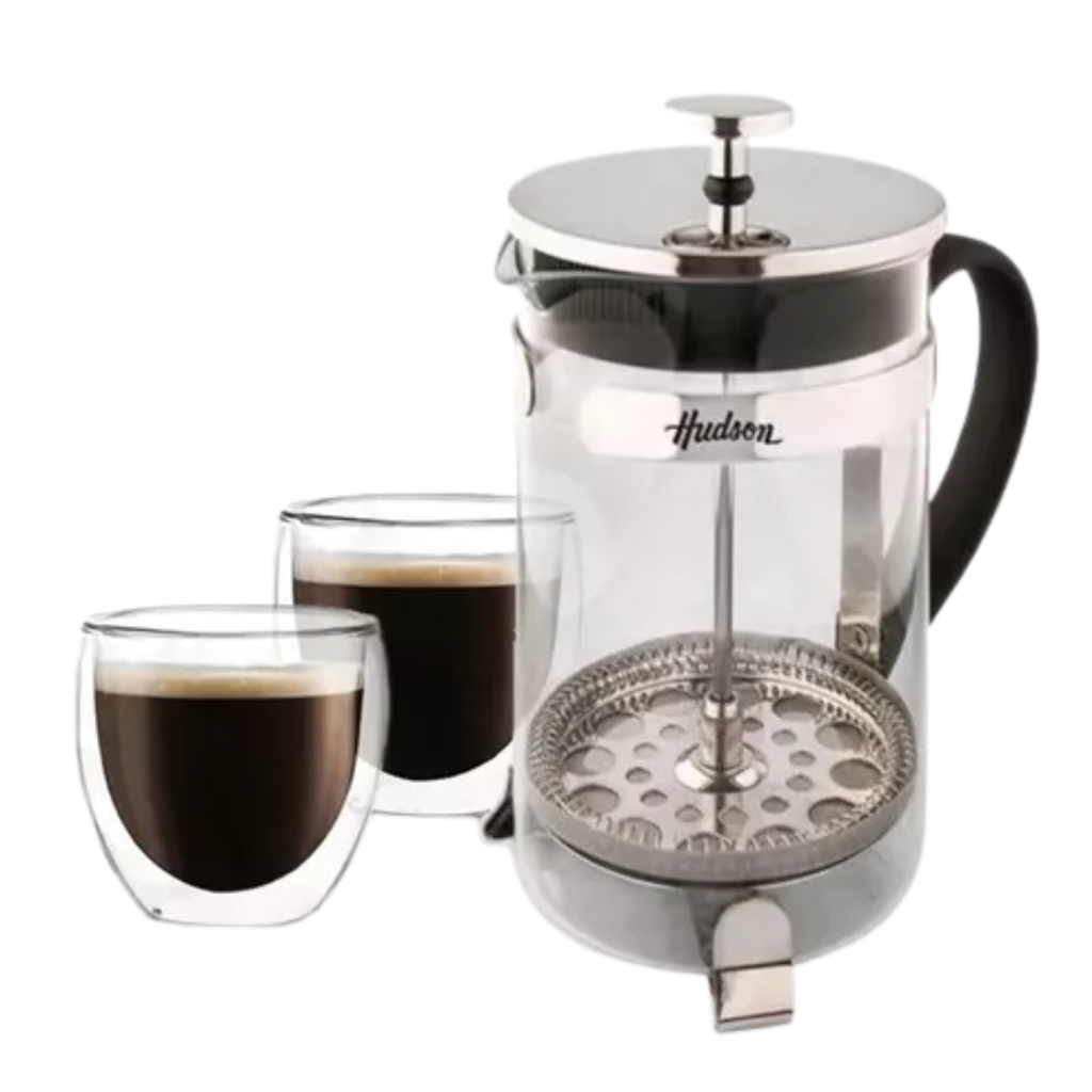 SET CAFETERA + 2 VASOS DOBLE VIDRIO HUDSON