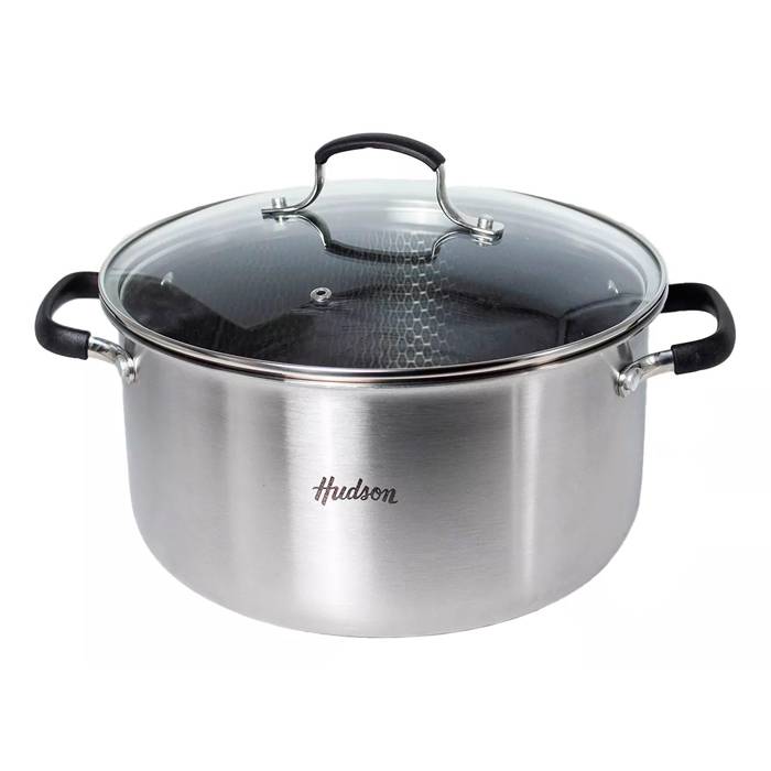 CACEROLA HUDSON ACERO INOXIDABLE TRIPLE FONDO 26 CM C/TAPA DE VIDRIO TEMPLADO Y VALVULA DE VAPOR
