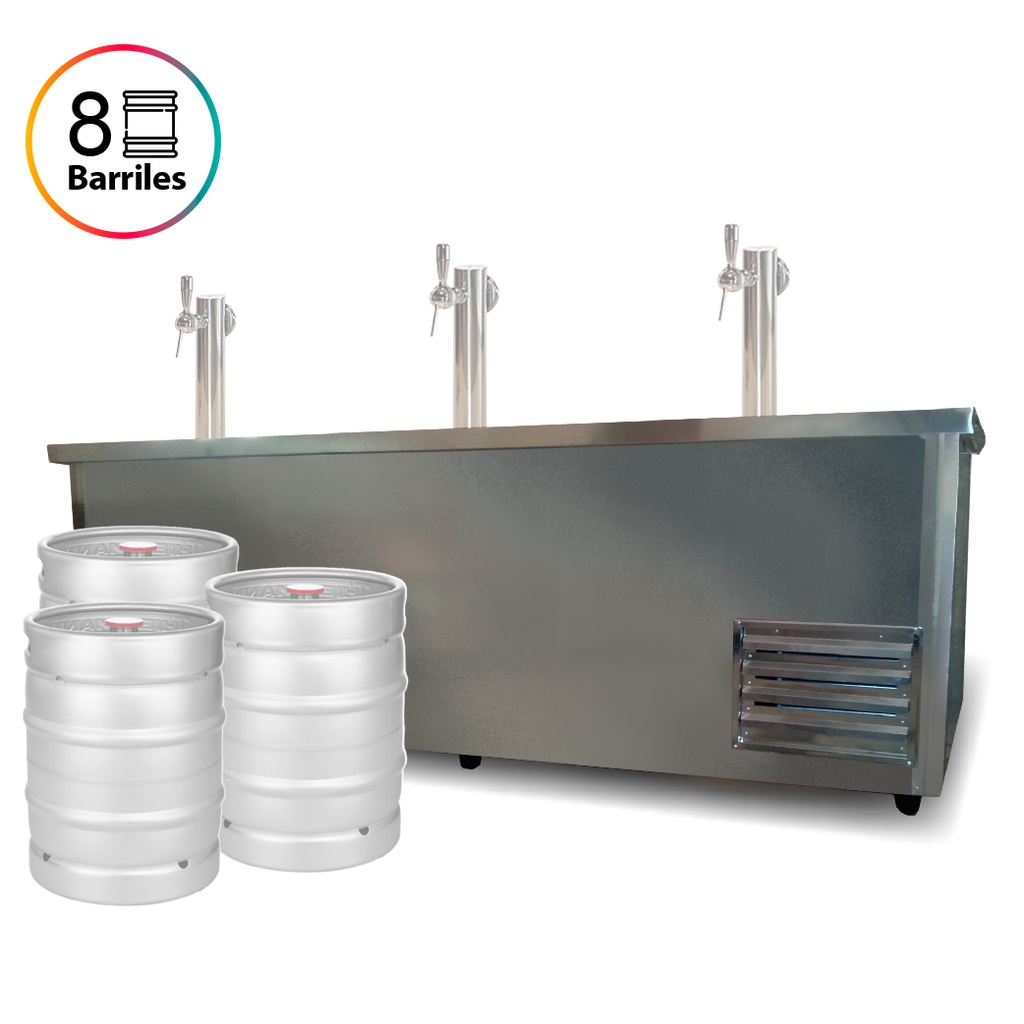 HELADERA MOSTRADOR CIEGO CERVEZA 8 BARRILES CERVEZA 2.40MX1MX1.10M  -C/COMBISTATO  ACERO INOXIDABLE - (3 PUERTAS+CUBRE) (1/2HP)