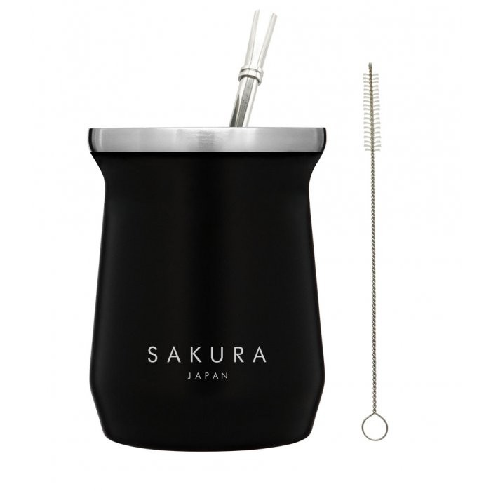 MATE SAKURA CON BOMBILLA Y LIMPIADOR - NEGRO