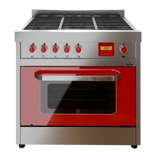 [MOR061] COCINA VINTAGE 900 CON PLACA - COLOR ROJO - PUERTA VISOR - REJA VITRIFICADA - ENCENDIDO ELECTRONICO EN HORNO Y HORNALLAS - LUZ EN HORNO - GRILL - QUEMADORES DE ALUMINIO Y TRIPLE CORONA
