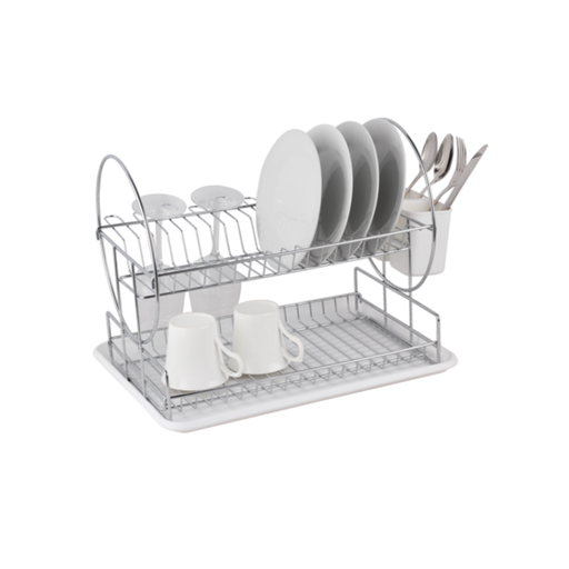[SUK016] ESCURRIDOR DOBLE BLANCO CROMADO CON CUBIERTERO Y BANDEJA 48.5X48.5X32CM